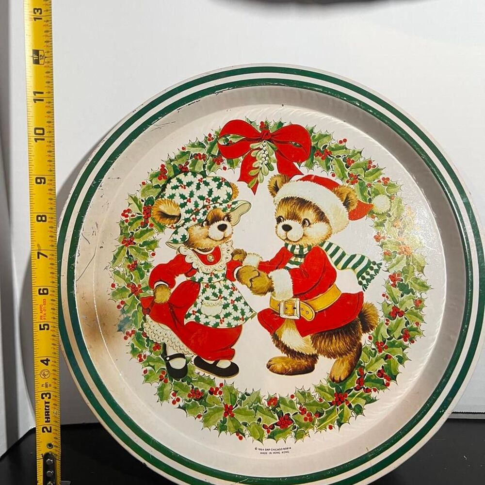 Vintage 1984 SNP Christmas Metal Serving Tray Bears Holly Wreath Decor 11"